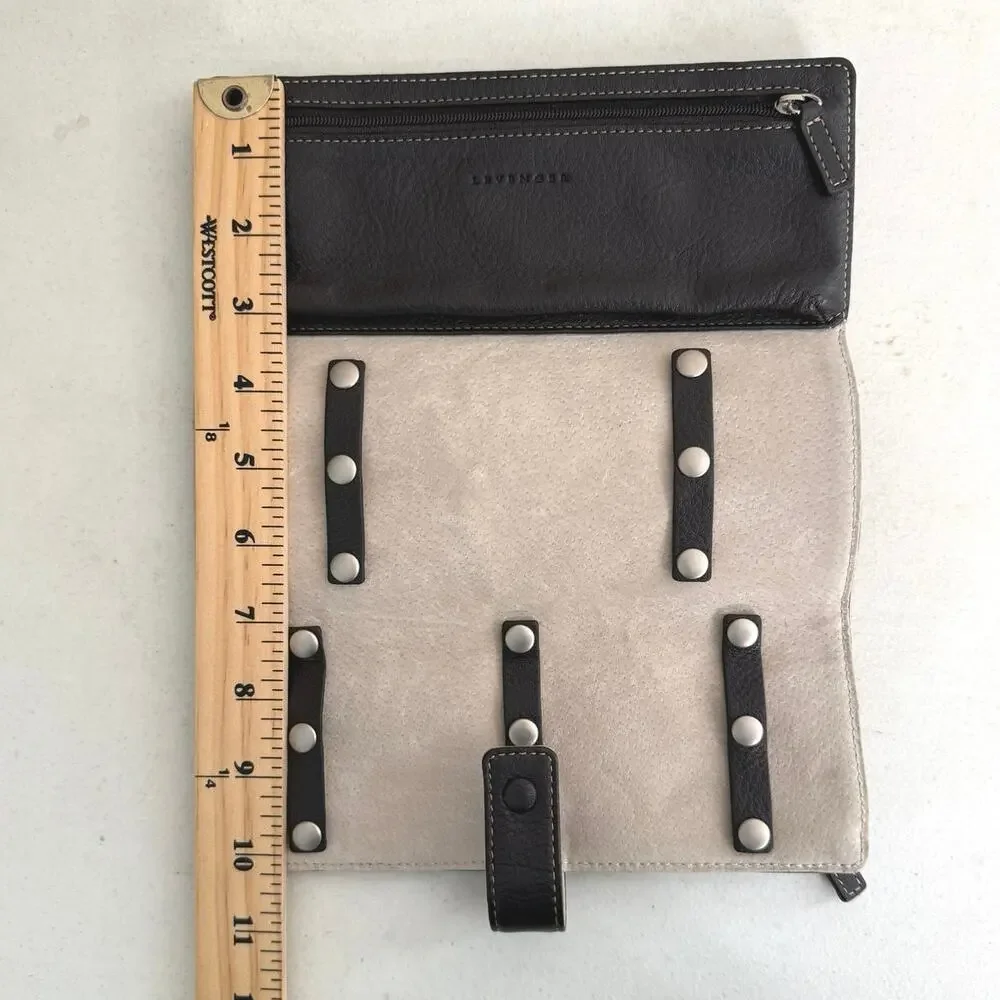Levenger Brown leather snap fold up jewelry case